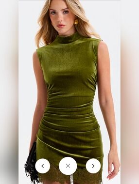 Commense Olive Green Velvet Ruched Sheath Dress